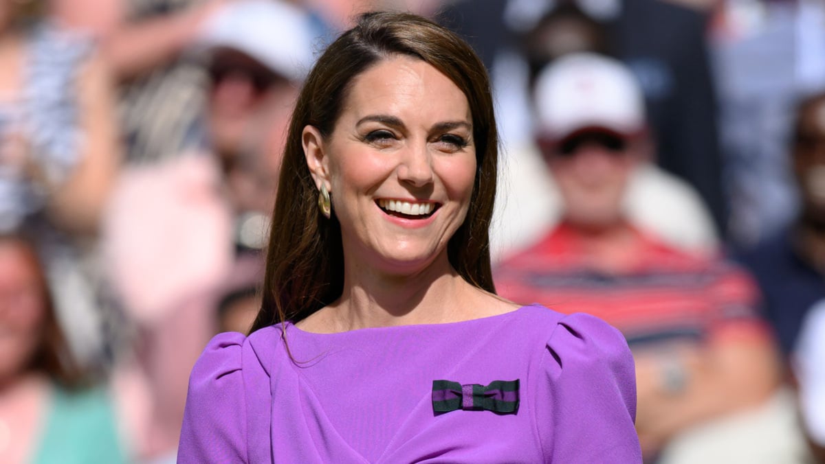 LONDON, ENGLAND - JULY 14: Catherine, Princess of Wales on court to present the trophy to the winner of the men's final on day fourteen of the Wimbledon Tennis Championships at the All England Lawn Tennis and Croquet Club on July 14, 2024 in London, England.