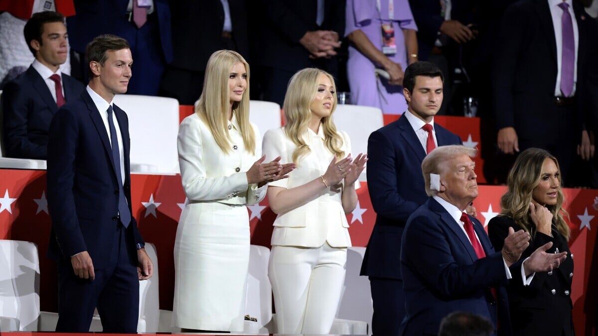 Jared Kushner, son-in-law of former U.S. President Donald Trump, Ivanka Trump and Tiffany Trump, daughters of former U.S. President Donald Trump, Michael Boulos, husband of Tiffany Trump, Republican presidential candidate, former U.S. President Donald Trump and Republican National Committee co-chair Lara Trump look on during the fourth day of the Republican National Convention at the Fiserv Forum on July 18, 2024 in Milwaukee, Wisconsin