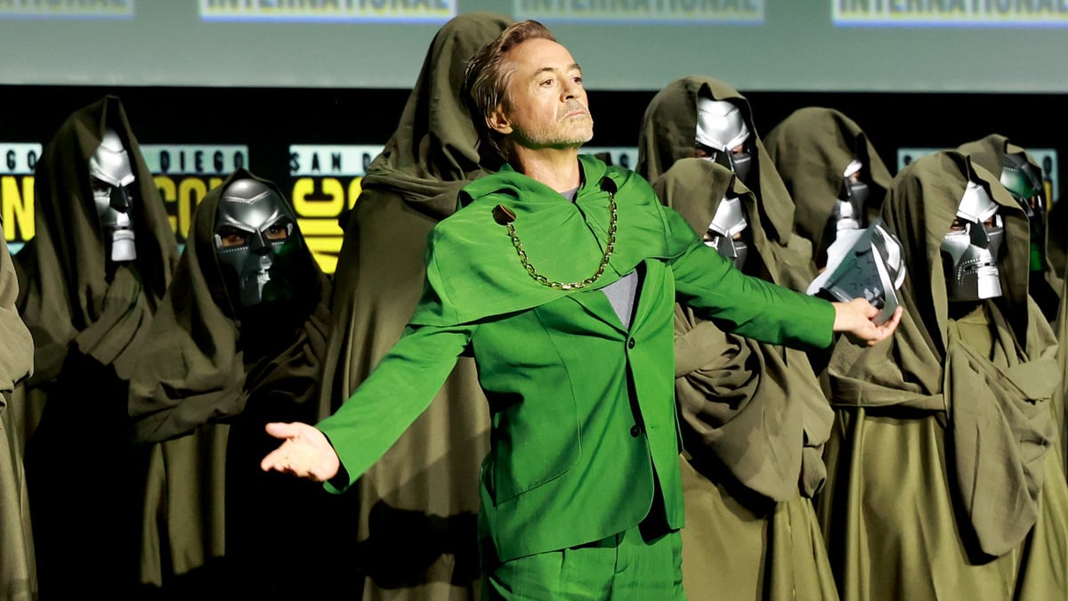 SAN DIEGO, CALIFORNIA - JULY 27: Robert Downey Jr. speaks onstage at the Marvel Studios Panel during 2024 Comic-Con International at San Diego Convention Center on July 27, 2024 in San Diego, California.