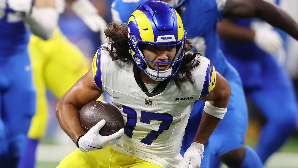 Puka Nacua #17 of the Los Angeles Rams runs after a catch in the first half during an NFL football game against the Detroit Lions at Ford Field on September 8, 2024 in Detroit, Michigan. (Photo by Brandon Sloter/Getty Images)