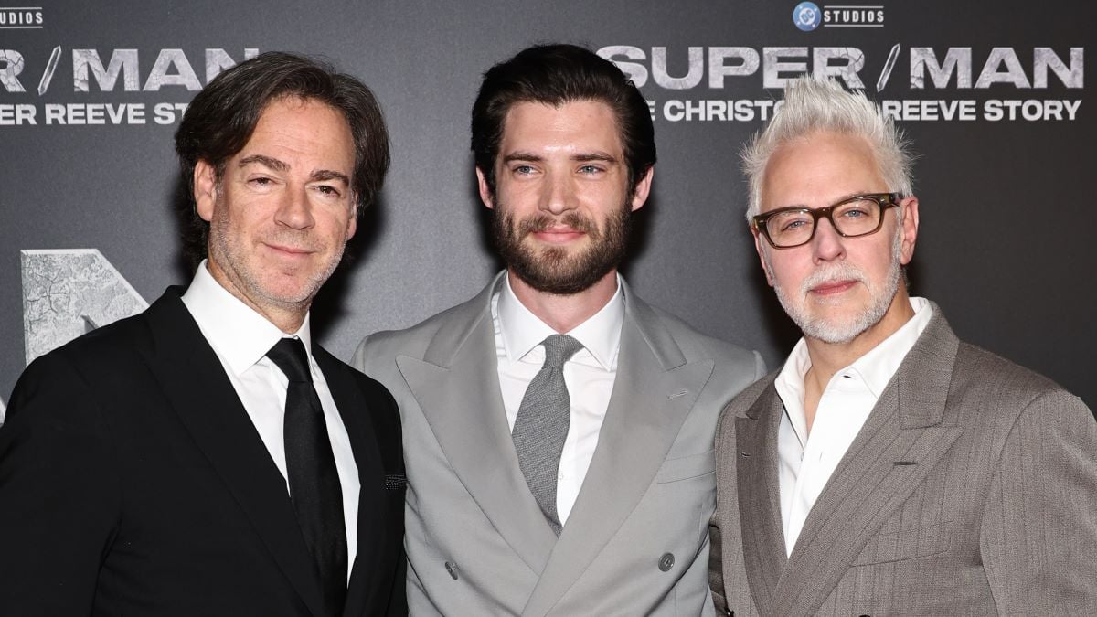 eter Safran, Co-Chairman & CEO, DC Studios, David Corenswet and James Gunn, Co-Chairman & CEO, DC Studios attend "Super/Man: The Christopher Reeve Story" New York Premiere at Museum of Modern Art on September 18, 2024 in New York City. (Photo by Jamie McCarthy/Getty Images)