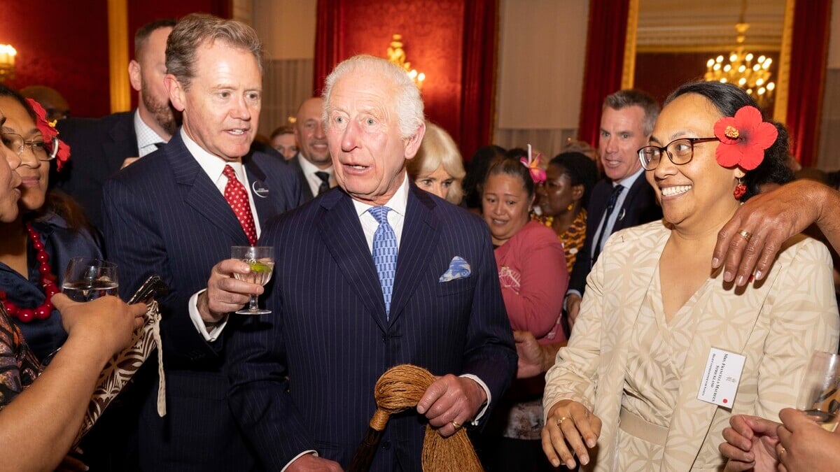 LONDON, ENGLAND - OCTOBER 02: Britain's King Charles III and Queen Camilla are greeted by a number of well-known members of the Commonwealth Diaspora including actress Cate Blanchett, singer Grace Jones, dancer Motshegetsi Mabuse-Voznyuk, rugby player Theodore McFarland, soprano Isabella Moore and singer Neil Finn during a reception to celebrate the Commonwealth, ahead of the Commonwealth Heads of Government Meeting in Samoa, at St. James's Palace on October 2, 2024 in London, England. The reception, for around 300 guests, will recognise and celebrate the huge contribution made by the Commonwealth.