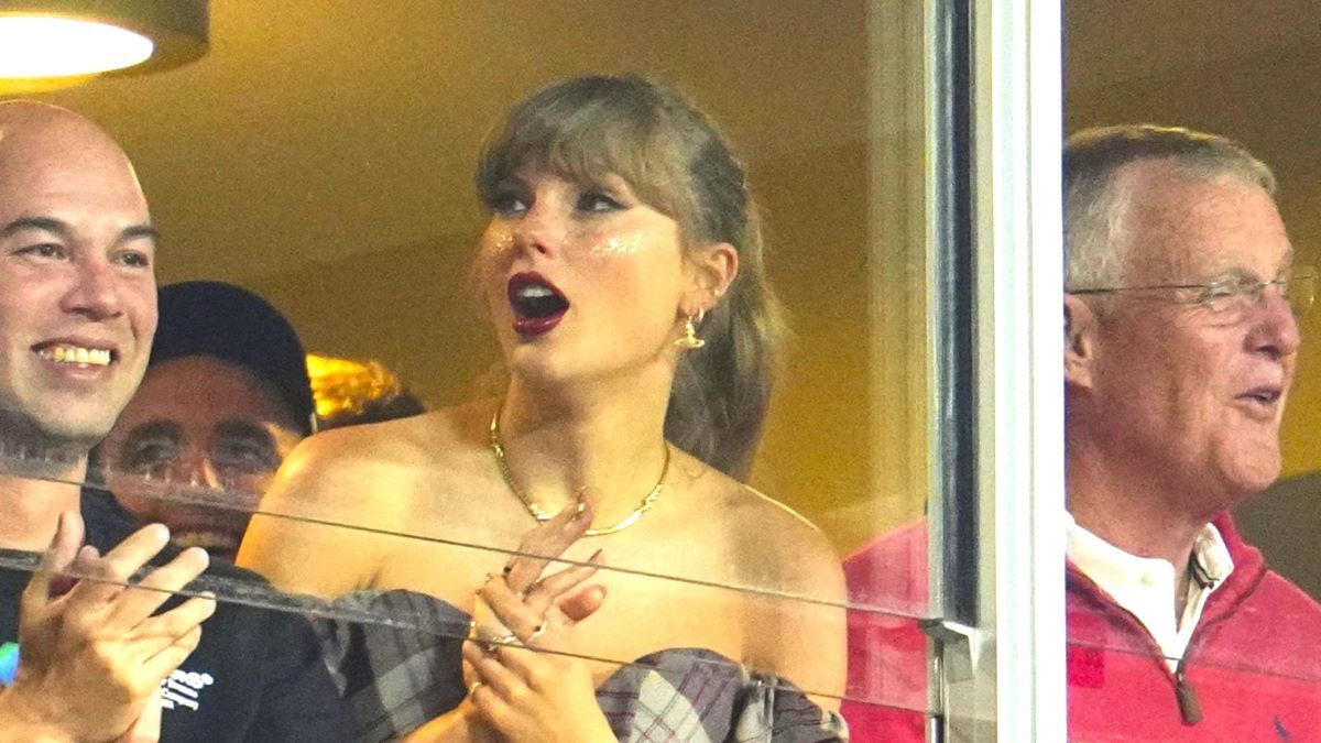 Taylor Swift cheers from a suite as the Kansas City Chiefs play the New Orleans Saints during the first half of an NFL football game at GEHA Field at Arrowhead Stadium on October 7, 2024 in Kansas City, Missouri.