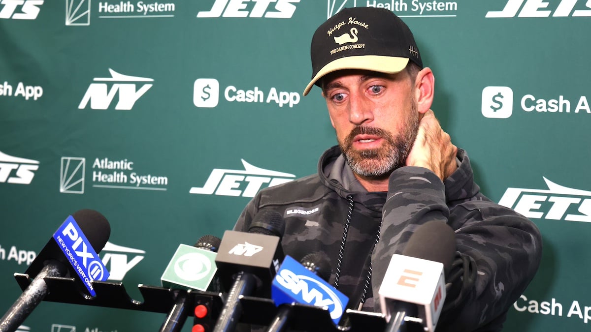 EAST RUTHERFORD, NEW JERSEY - OCTOBER 16: Aaron Rodgers #8 of the New York Jets speaks to members of the media at the Atlantic Health Jets Training Center on October 16, 2024 in Florham Park, New Jersey.