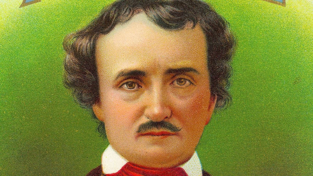 Portrait of American author Edgar Allan Poe (1809 - 1849) against a green background and under an embossed presentation of his last name, probably taken from a cigar box, 1900. (Photo by Hulton Archive/Getty Images)