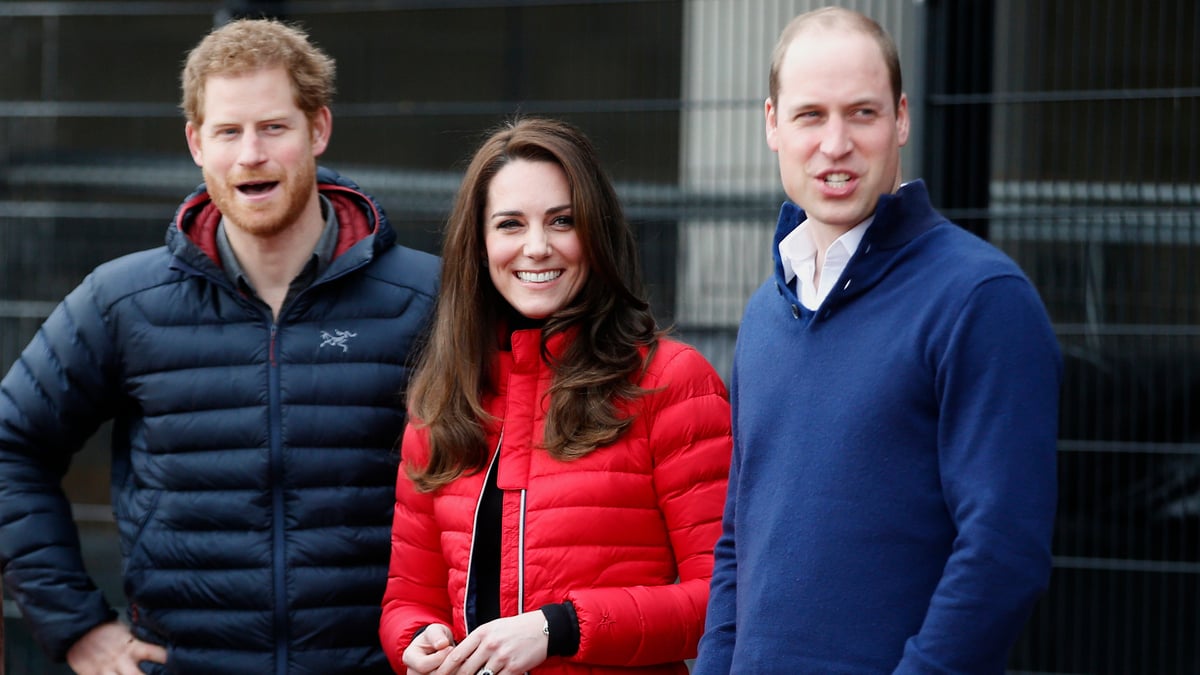 LONDON, ENGLAND - FEBRUARY 05: Catherine, Duchess of Cambridge (C), Prince William, Duke of Cambridge (R) and Prince Harry (L) arrive at a Marathon Training Day with Team Heads Together at the Queen Elizabeth Olympic Park on February 5, 2017 in London, England.