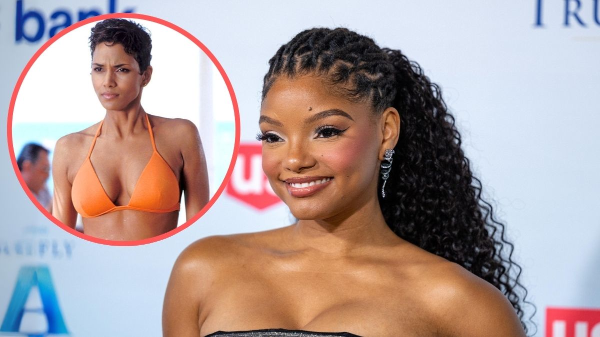 Halle Bailey attends the 17th Annual Chrysalis Butterfly Ball at the Petersen Automotive Museum on October 26, 2024 in Los Angeles, California. Inset: Halle Berry as Jinx in Die Another Day.