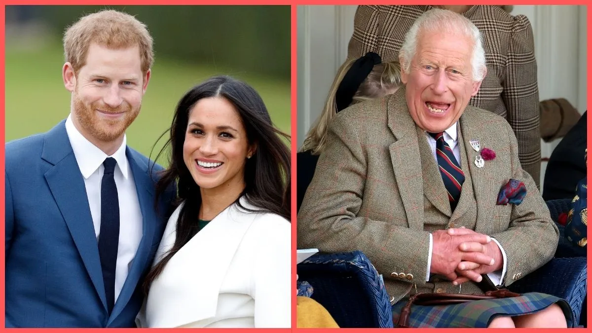 Prince Harry and Meghan Markle attend an official photocall to announce their engagement at The Sunken Gardens, Kensington Palace on November 27, 2017 in London, England/King Charles III attends The Braemar Gathering 2024 at The Princess Royal and Duke of Fife Memorial Park on September 08, 2024 in Braemar, Scotland.