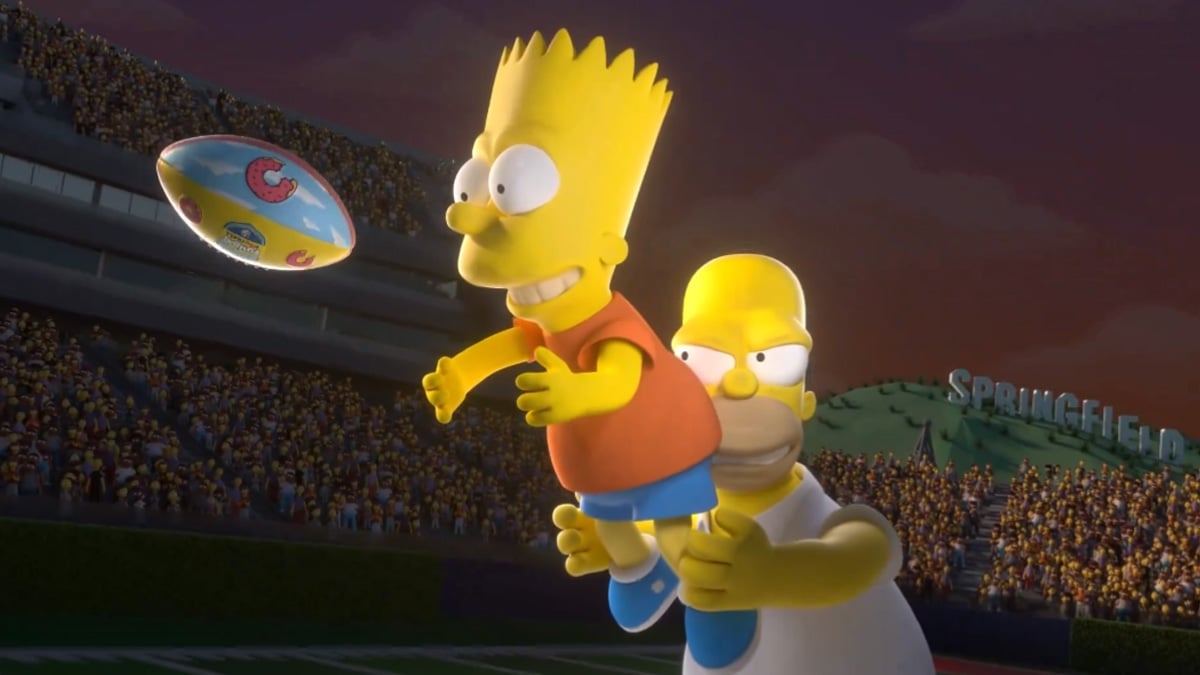 Homer and Bart fighting for ball in NFL Funday Football match