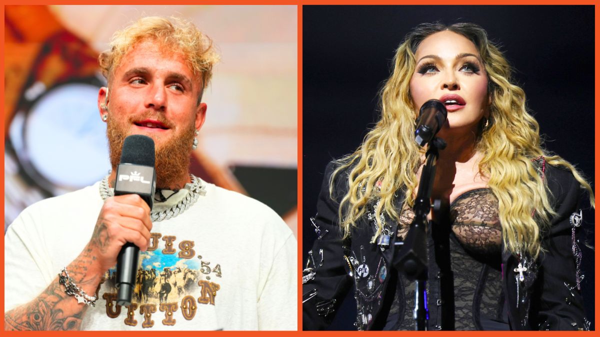 Jake Paul looks on during the Battle of the Giants Press Conference at The Anthem and Madonna performs onstage during The Celebration Tour at Copacabana beach