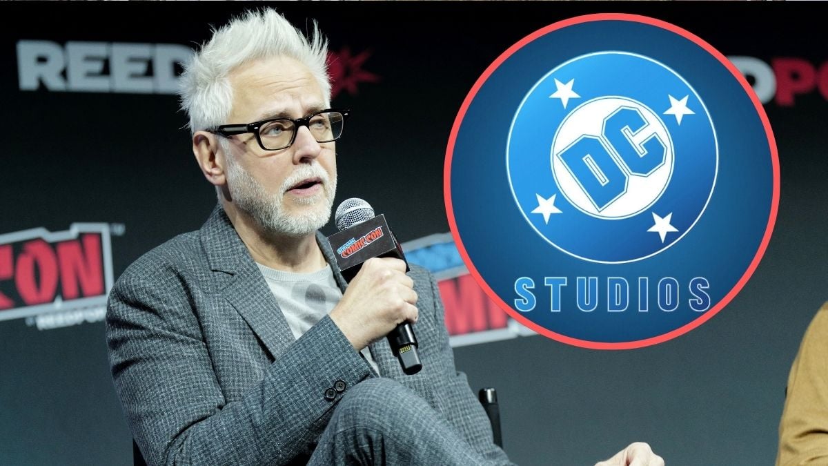 James Gunn speaks at the DC Studios Creature Commandos panel during New York Comic Con 2024 at The Jacob K. Javits Convention Center on October 19, 2024 in New York City/DC Studios logo