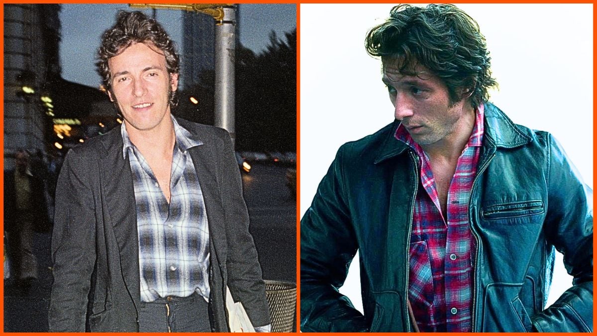 Side by side of Bruce Springsteen and Jeremy Allen White as Bruce Springsteen in upcoming film 'Deliver me From Nowhere'.