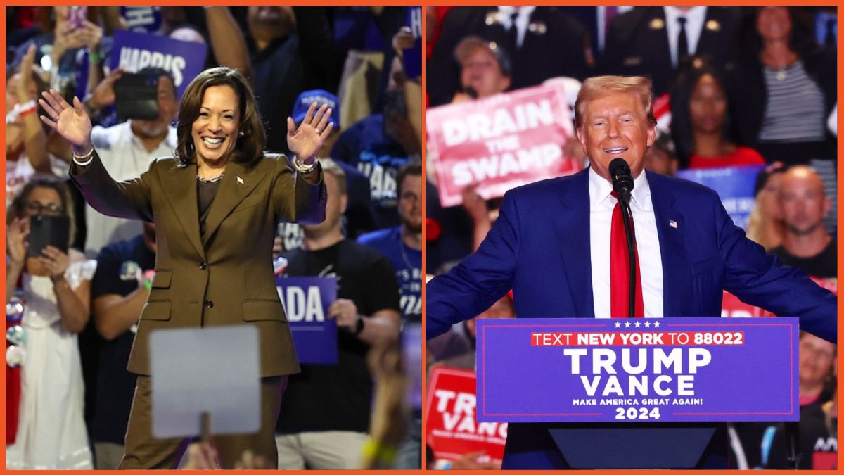 Democratic presidential nominee, Vice President Kamala Harris, walks onstage during a campaign rally at the Expo at World Market Center / Republican presidential nominee, former U.S. President Donald Trump speaks during a campaign rally at Nassau Veterans Memorial Coliseum