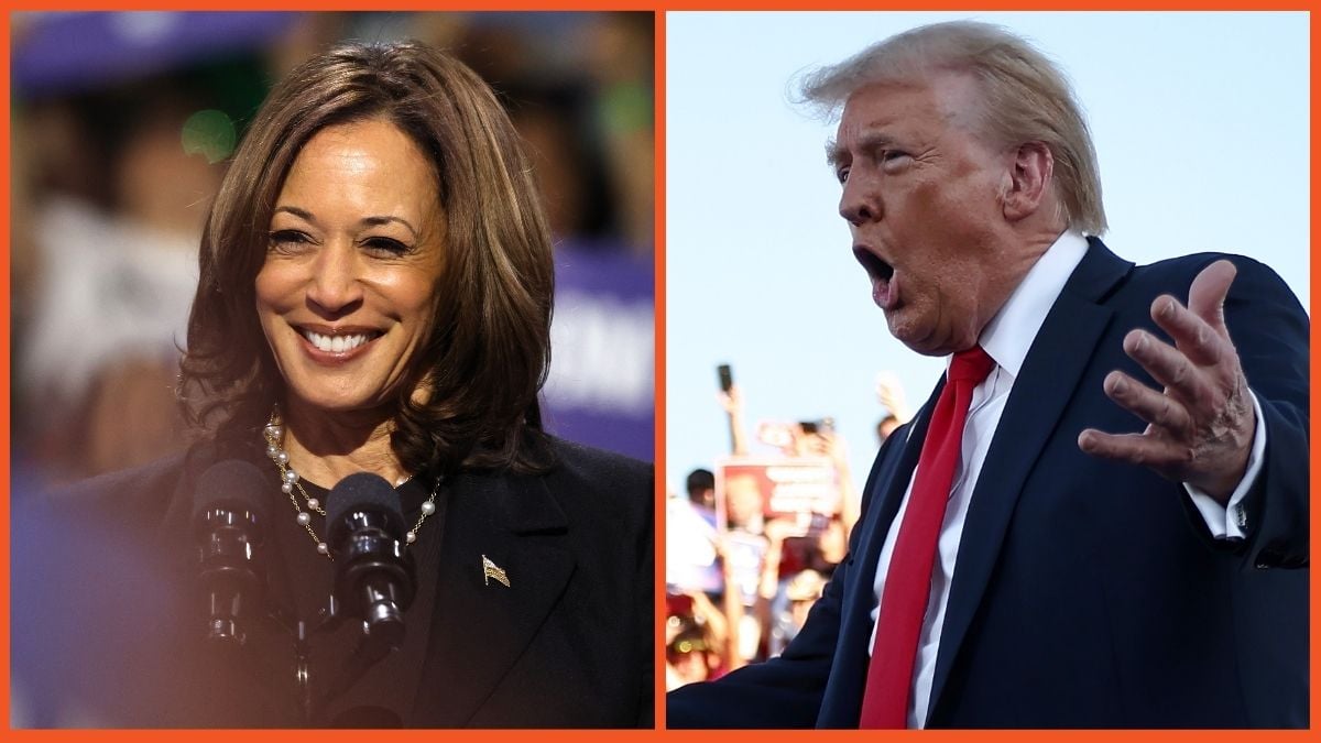 Kamala Harris looks out into the crowd as she speaks during a campaign rally and Donald Trump gestures as he walks onstage for a campaign rally