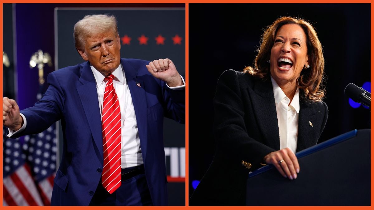 Kamala Harris speaks during a campaign rally at the Williams Arena and Donald Trump dances after delivering remarks during a campaign rally