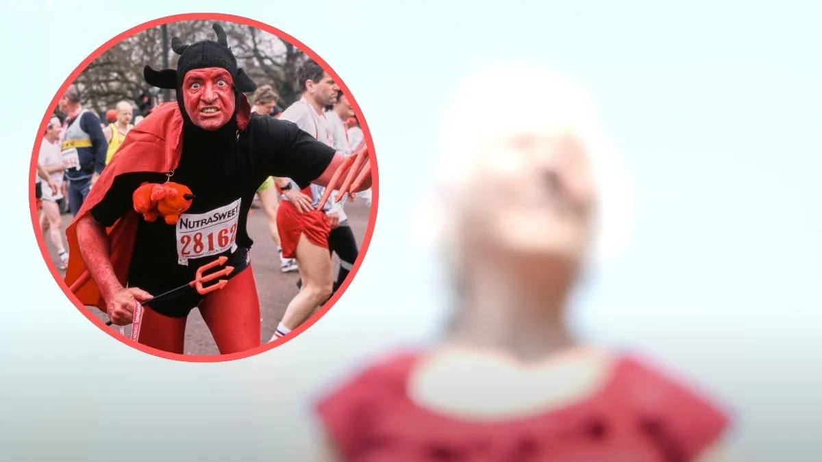 Image of 68-year-old woman standing in sunlight. Inset: London marathon runner dressed as the devil