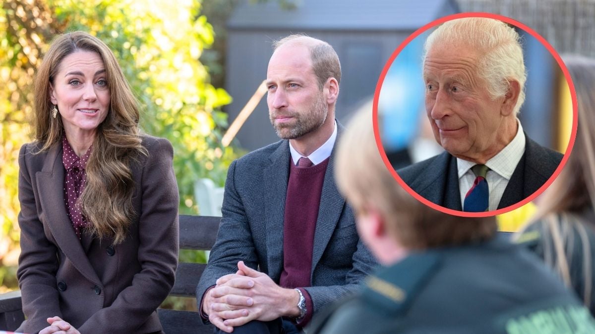 Prince William, Prince of Wales and Catherine, Princess of Wales speak with members of the Emergency Services during a visit to Southport Community Centre on October 10, 2024 in Southport, England. Inset: ritain's King Charles III speaks to the local heroes, who were nominated to attend by their MSPs, following an event at the Scottish Parliament at Holyrood to mark the 25th Anniversary of the Scottish Parliament on September 28, 2024 in Edinburgh, Scotland