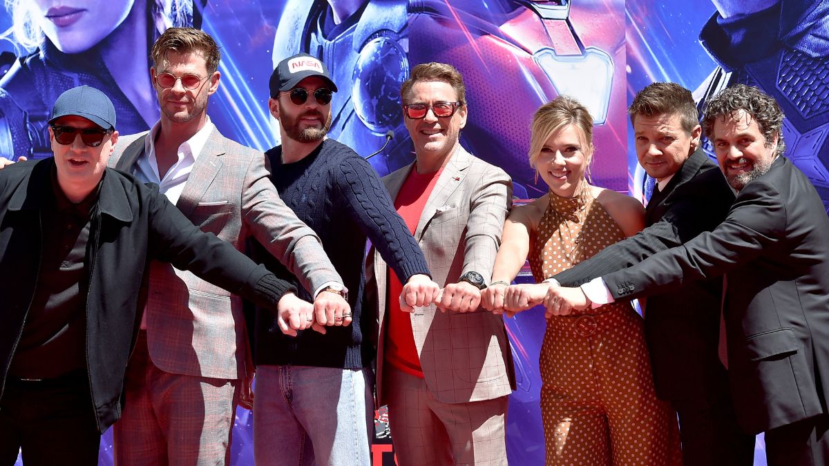 Kevin Feige, Chris Hemsworth, Chris Evans, Robert Downey Jr., Scarlett Johansson, Jeremy Renner, and Mark Ruffalo attend Marvel Studios' Avengers Endgame Cast Handprint Ceremony