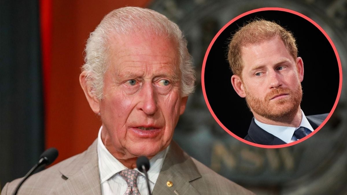 King Charles III delivers a speech during a Bicentenary of the Legislative Council event at NSW Parliament House on October 20, 2024 in Sydney, Australia. Inset: Prince Harry, Duke of Sussex attends the 2024 Concordia Annual Summit on September 23, 2024 in New York City.