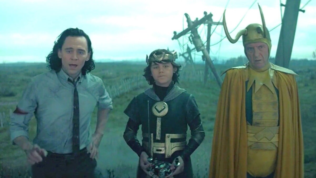 Loki (Tom Hiddleston), Kid Loki (Jack Veal), and Classic Loki (Richard E. Grant) in Loki.