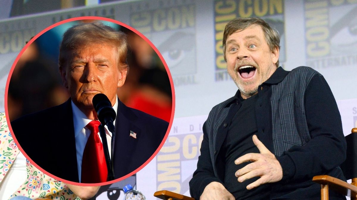 Mark Hamill speaks at the Netflix's "The Dark Crystal: Age Of Resistance" Panel during 2019 Comic-Con International at San Diego Convention Center on July 19, 2019 in San Diego, California/Republican presidential nominee, former President Donald Trump addresses a campaign rally at the Butler Farm Show grounds on October 05, 2024 in Butler, Pennsylvania