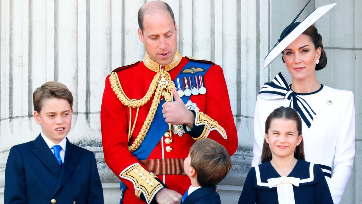 Prince George of Wales, Prince William, Prince of Wales (Colonel of the Welsh Guards), Prince Louis of Wales, Princess Charlotte of Wales and Catherine, Princess of Wales watch an RAF flypast from the balcony of Buckingham Palace after attending Trooping the Colour on June 15, 2024 in London, England. Trooping the Colour, also known as The King's Birthday Parade, is a military ceremony to mark the official birthday of the British Sovereign. The ceremony takes place at Horse Guards Parade followed by a flypast over Buckingham Palace and was first performed in the mid-17th century during the reign of King Charles II. The parade features all seven regiments of the Household Division with Number 9 Company, Irish Guards being the regiment this year having their Colour Trooped. (Photo by Max Mumby/Indigo/Getty Images)