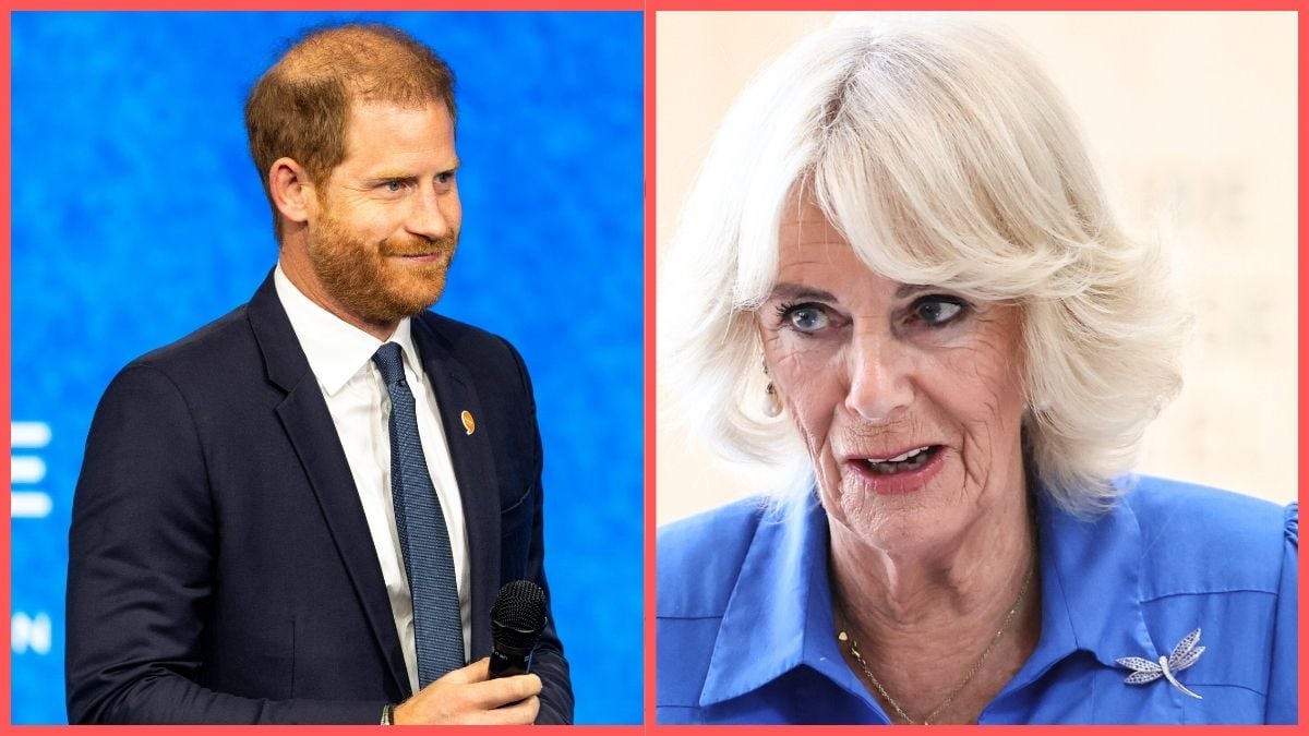 Prince Harry, Duke of Sussex speaks about social media's impact on children's mental health at the Clinton Global Initiative (CGI) on September 24, 2024 in New York City. /Queen Camilla talks with a student during an awards ceremony at Green Square Library on October 22, 2024 in Sydney, Australia.