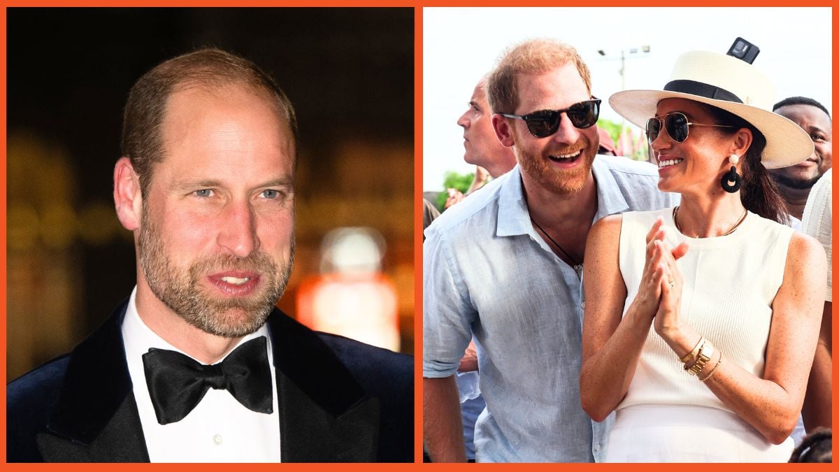 Prince Harry, Duke of Sussex and Meghan, Duchess of Sussex at San Basilio de Palenque during The Duke and Duchess of Sussex Colombia Visit on August 17, 2024 in Cartagena, Colombia. (Photo by Eric Charbonneau/Archewell Foundation via Getty Images) and Prince William, Prince of Wales arrives at The Centrepoint Awards at The British Museum on October 16, 2024 in London, England. (Photo by Samir Hussein/WireImage)