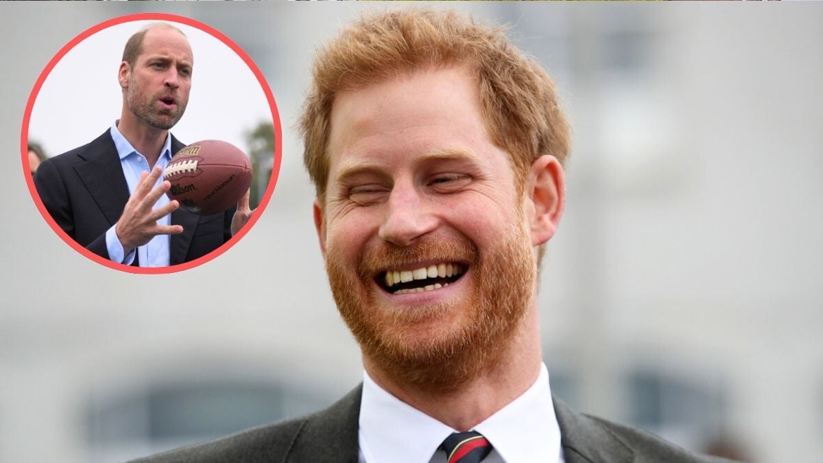 Prince Harry, Duke of Sussex visits The Royal Marines Commando Training Centre on September 13, 2018 in Lympstone, United Kingdom. Inset: Prince William, Prince of Wales gestures while speaking as he attends a NFL Foundation NFL Flag event, an inclusive and fast paced American Football format on October 15, 2024 in London, England