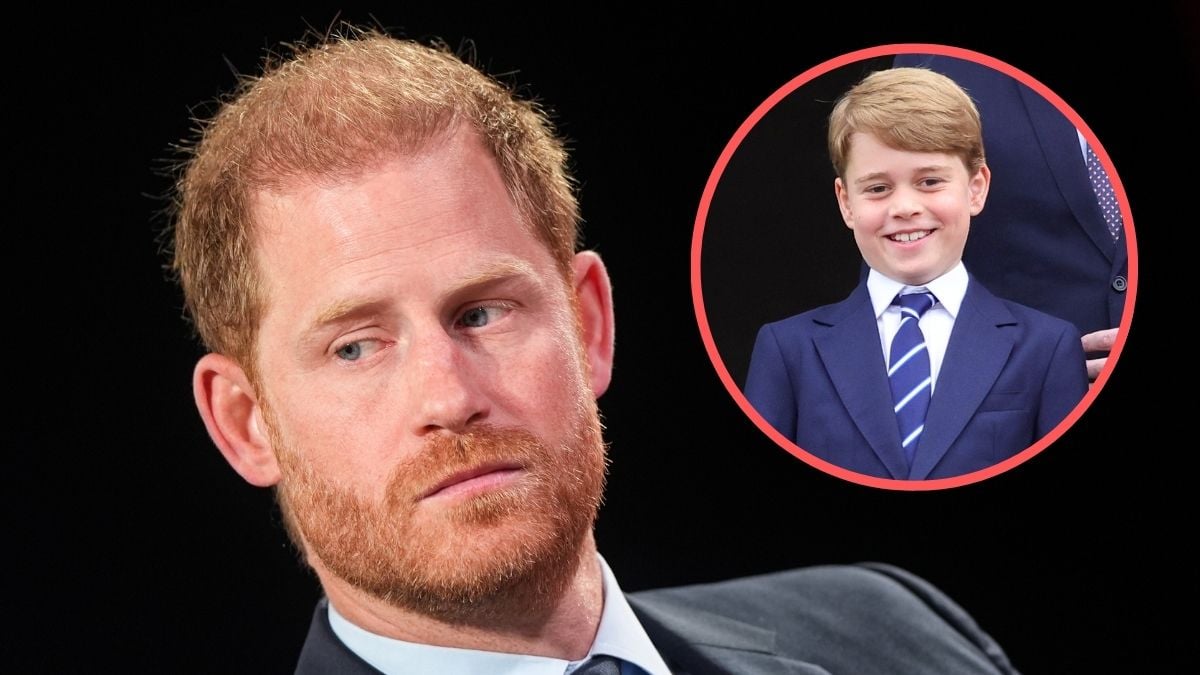 Prince Harry, Duke of Sussex attends the 2024 Concordia Annual Summit on September 23, 2024 in New York City. Inset: Prince George of Cambridge on the balcony of Buckingham Palace during the Platinum Jubilee Pageant on June 05, 2022 in London, England.