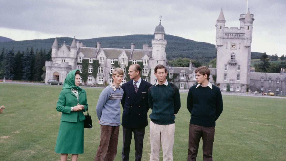 Queen Elizabeth II with Prince Philip, Prince Edward, Prince Charles Prince Andrew in the grounds of Balmoral Castle in Scotland UK