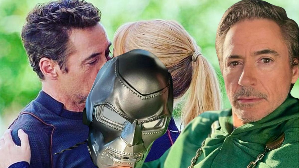 Tony Stark and Pepper Potts kissing in Avengers: Infinity War/Robert Downey Jr. brandishing his Doctor Doom mask