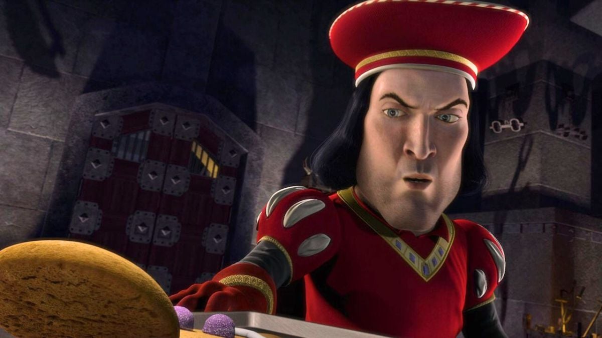 Lord Farquaad threatening the gingerbread man in Shrek