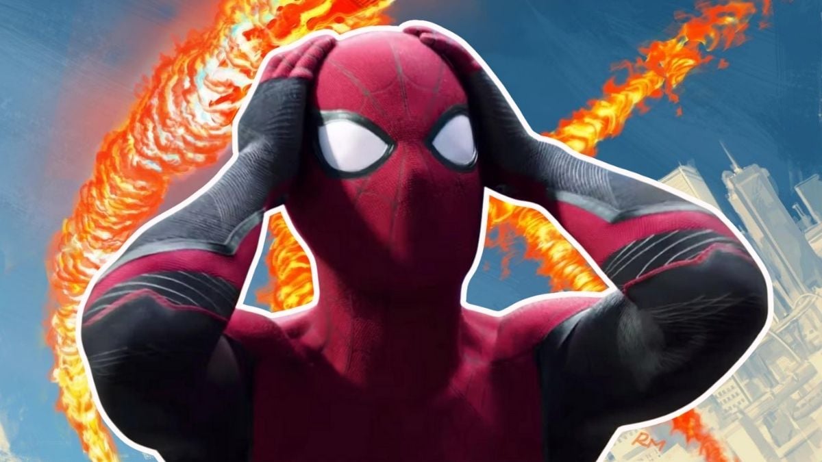 Spider-Man clutches his head in Far From Home/Human Torch The Fantastic Four: First Steps artwork