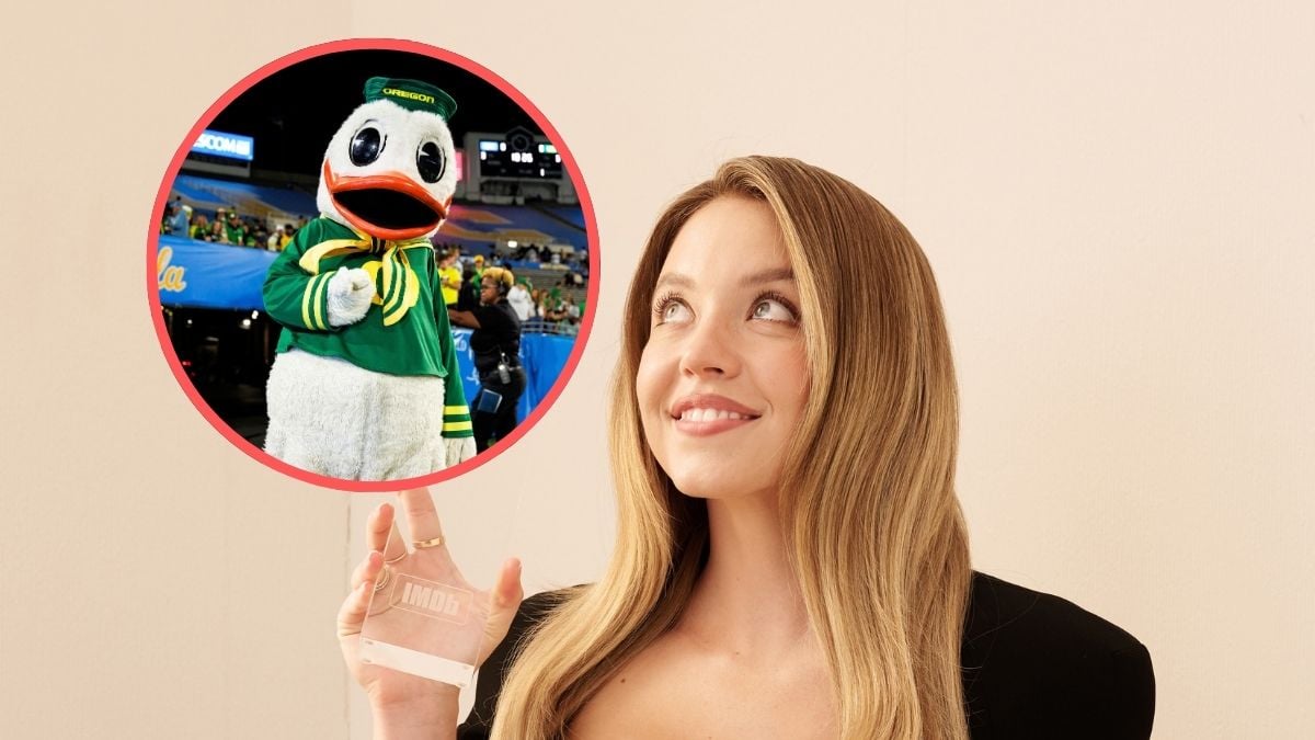 Sydney Sweeney receives the IMDb "Fan Favorite" STARmeter Award at The Getty Images Portrait Studio Presented by IMDb And IMDbPro at InterContinental Toronto Centre on September 08, 2024 in Toronto, Ontario. Inset: The Oregon Duck mascot stands on the field prior to an NCAA college football game against the UCLA Bruins, at Rose Bowl on September 28, 2024 in Pasadena, California.