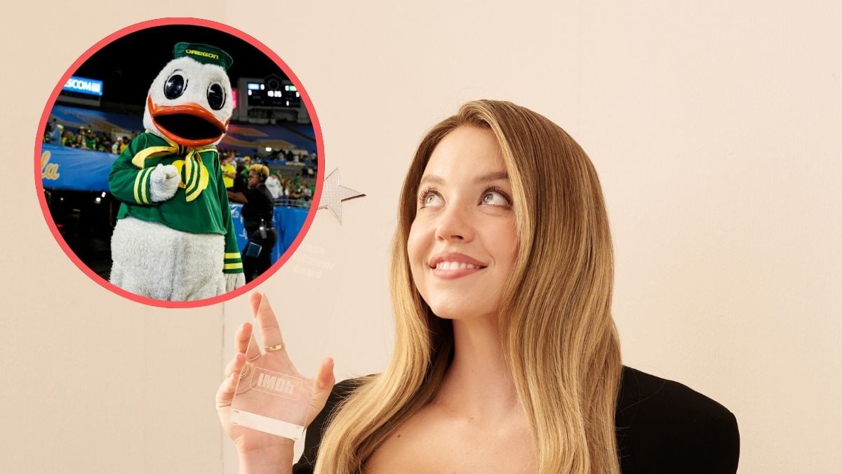 Sydney Sweeney receives the IMDb "Fan Favorite" STARmeter Award at The Getty Images Portrait Studio Presented by IMDb And IMDbPro at InterContinental Toronto Centre on September 08, 2024 in Toronto, Ontario. Inset: The Oregon Duck mascot stands on the field prior to an NCAA college football game against the UCLA Bruins, at Rose Bowl on September 28, 2024 in Pasadena, California.