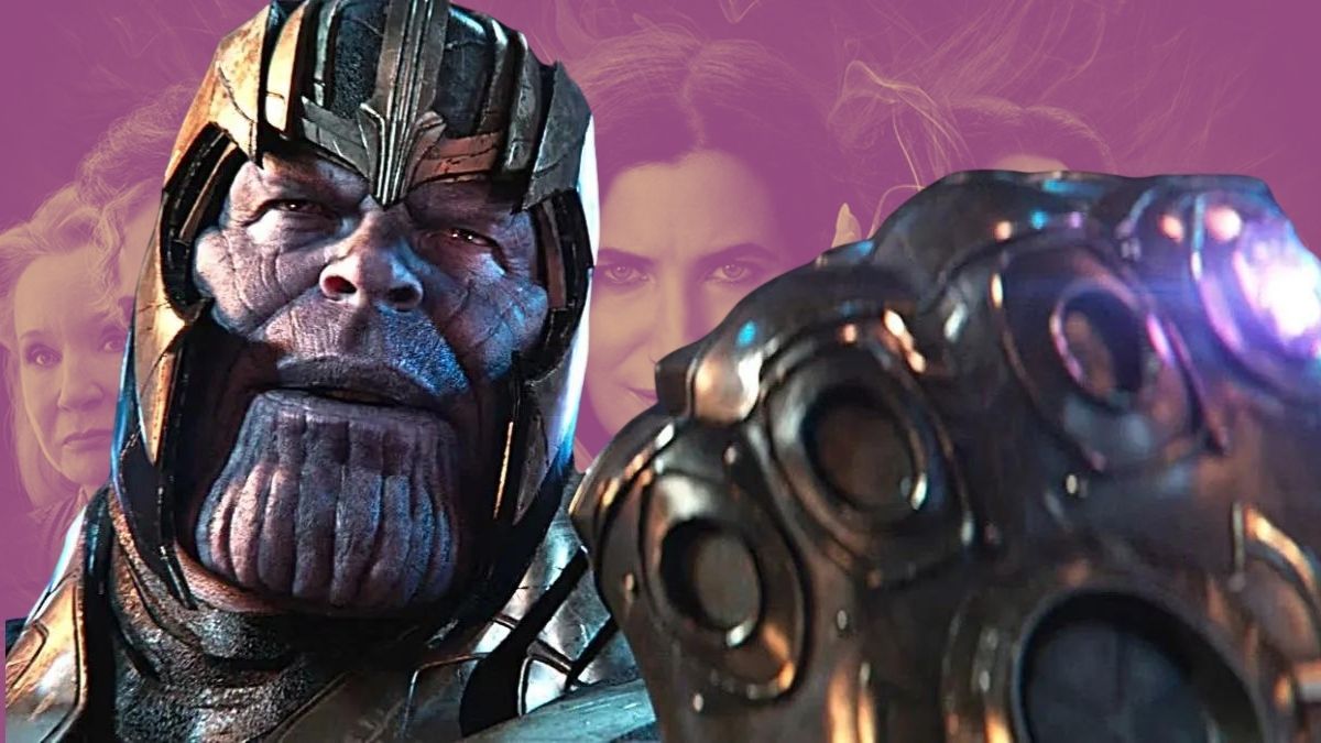 Thanos armed with the Infinity Gauntlet superimposed over the Agatha All Along poster