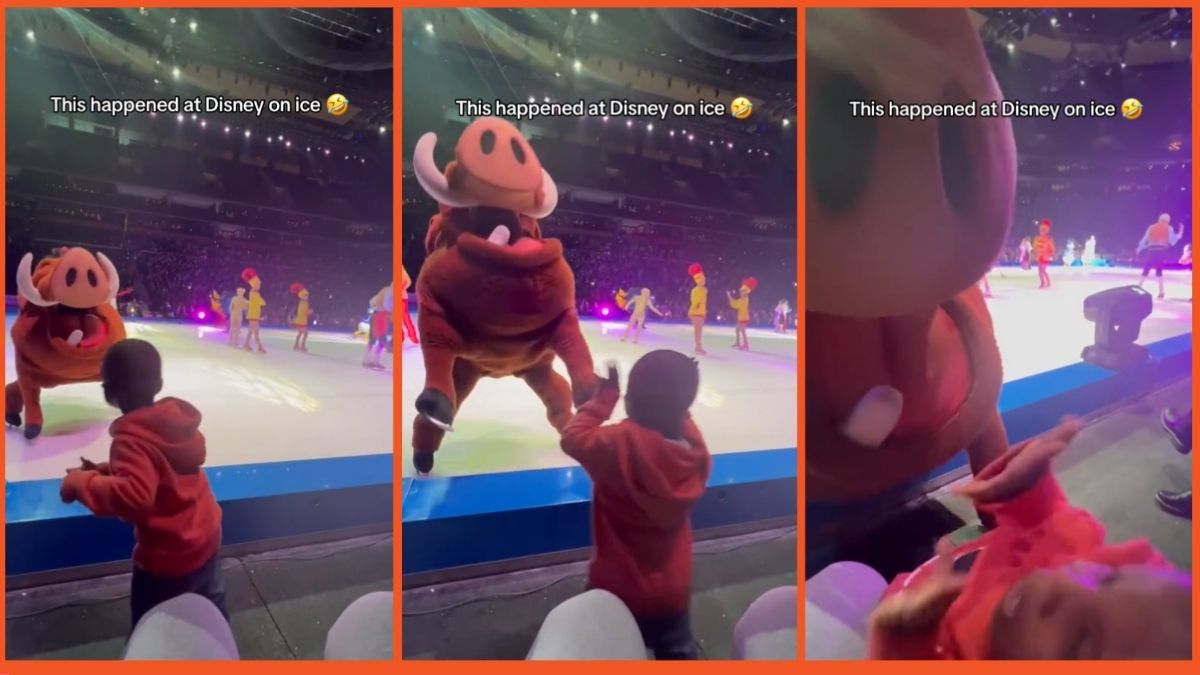 TikTok screenshots depicting a Disney on Ice performer dressed as Pumbaa skating off rink and landing inches from young boy's face