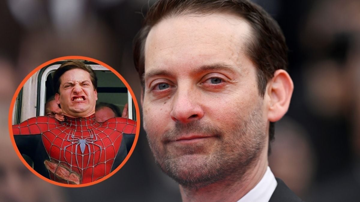 Tobey Maguire attends the Killers Of The Flower Moon red carpet and Toby Maguire in a still from 'Spider-Man'