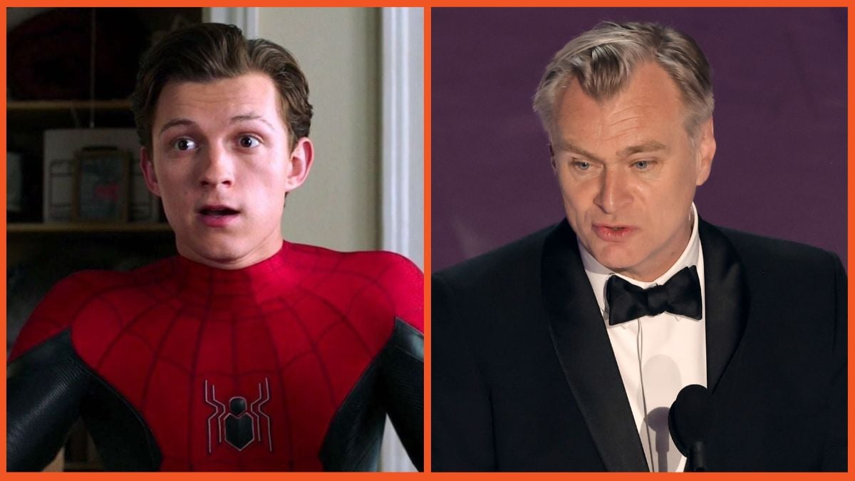 Tom Holland appears in Spider-Man and Christopher Nolan accepts the Best Director award for Oppenheimer onstage during the 96th Annual Academy Awards