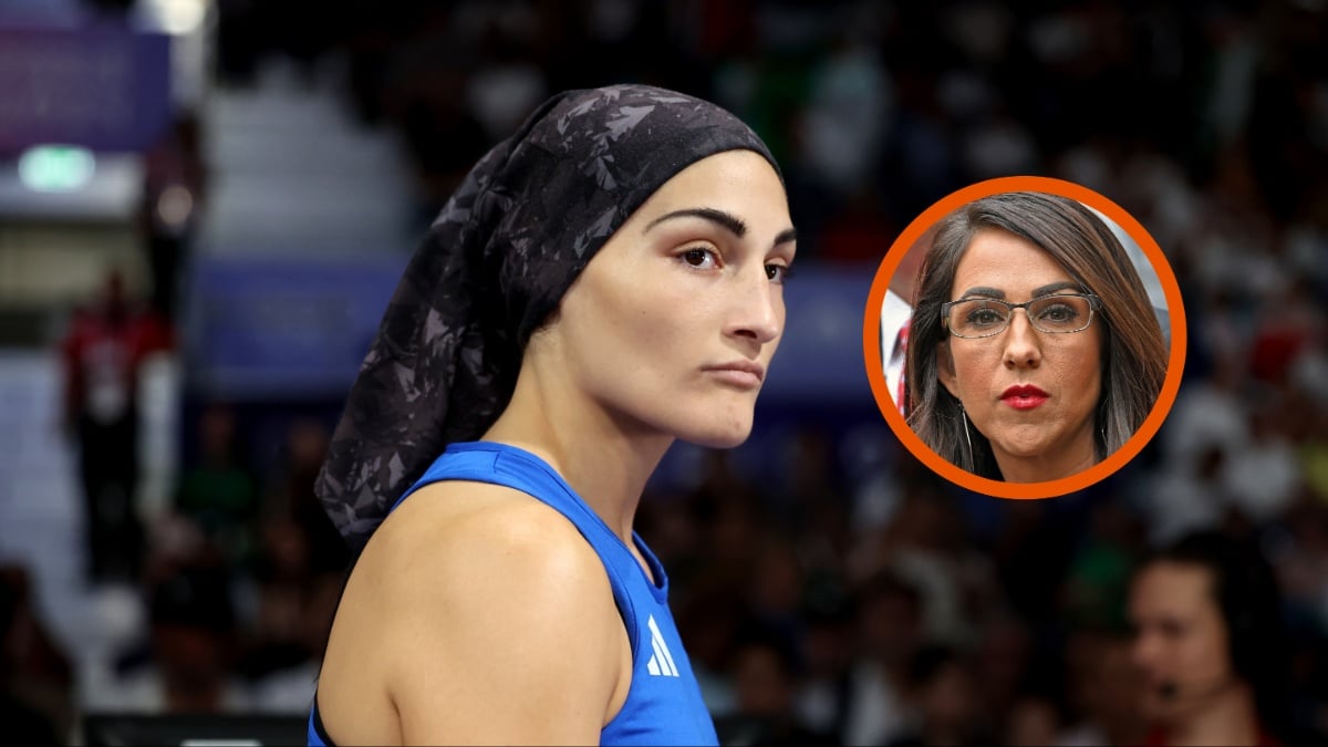 MAIN: PARIS, FRANCE - AUGUST 01: Angela Carini of Team Italy looks on prior to the Women's 66kg preliminary round match against Imane Khelif of Team Algeria on day six of the Olympic Games Paris 2024 at North Paris Arena on August 01, 2024 in Paris, France. BUBBLE: NEW YORK, NY - MAY 16: Lauren Boebert is seen on May 16, 2024 in New York City.