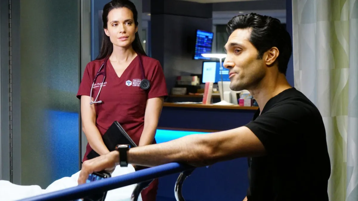 Torrey DeVitto as Natalie Manning and Dominic Rains as Crockett Marcel on Chicago Med