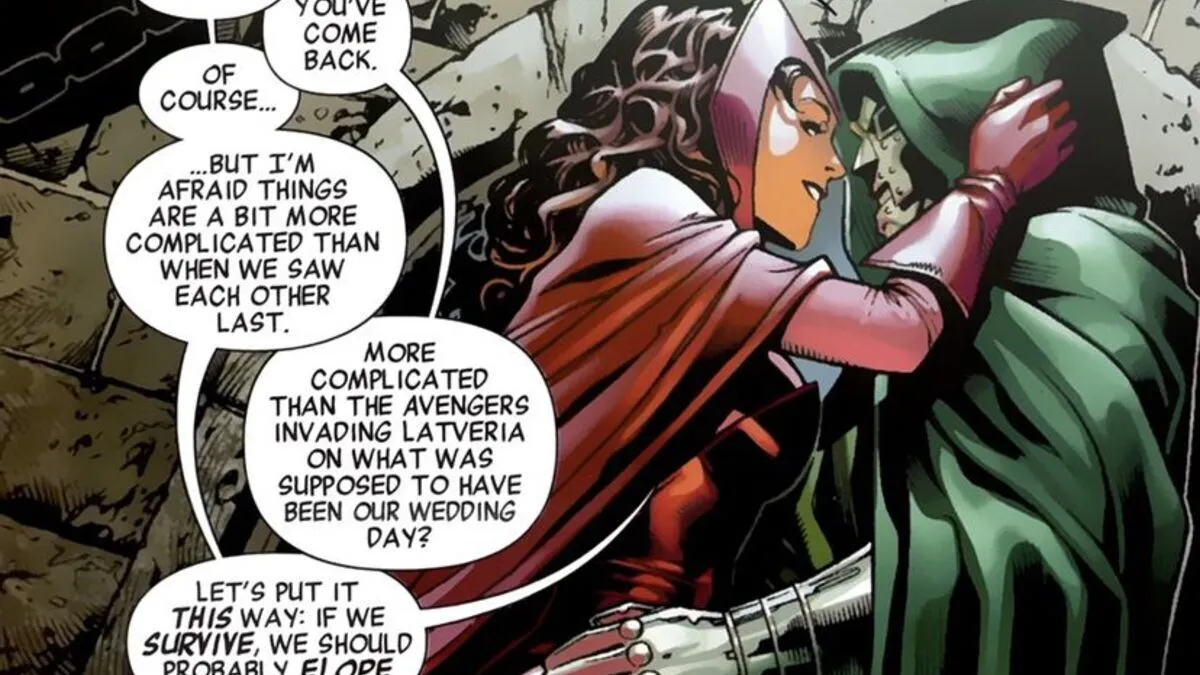 Doctor Doom and Scarlet Witch embrace in the pages of Marvel Comics