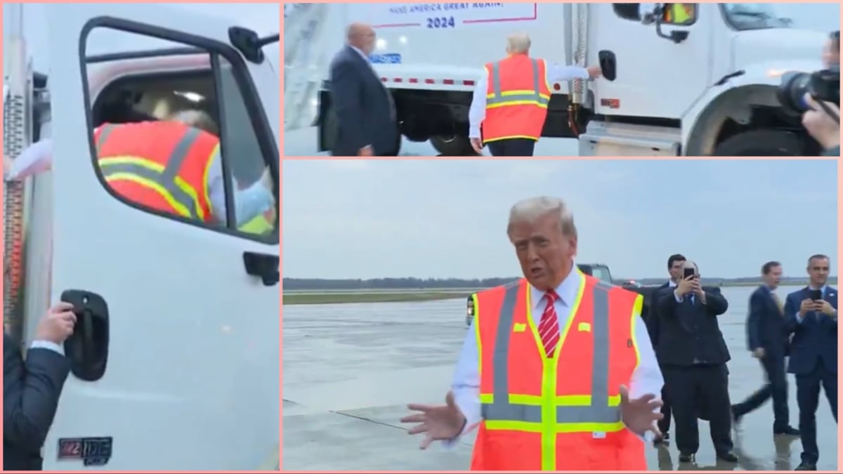 Donald Trump opening a garbage truck door