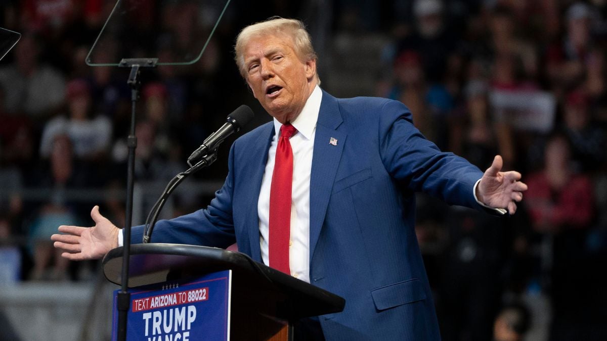 U.S. Republican presidential nominee, former President Donald Trump speaks during a campaign rally at Findlay Toyota Center on October 13, 2024 in Prescott Valley, Arizona. With leaders of the Border Patrol union in attendance, Trump pledged to hire 10,000 additional border patrol agents if reelected, intensifying his attacks on Democratic opponent Kamala Harris on the issue. (Photo by Rebecca Noble/Getty Images)