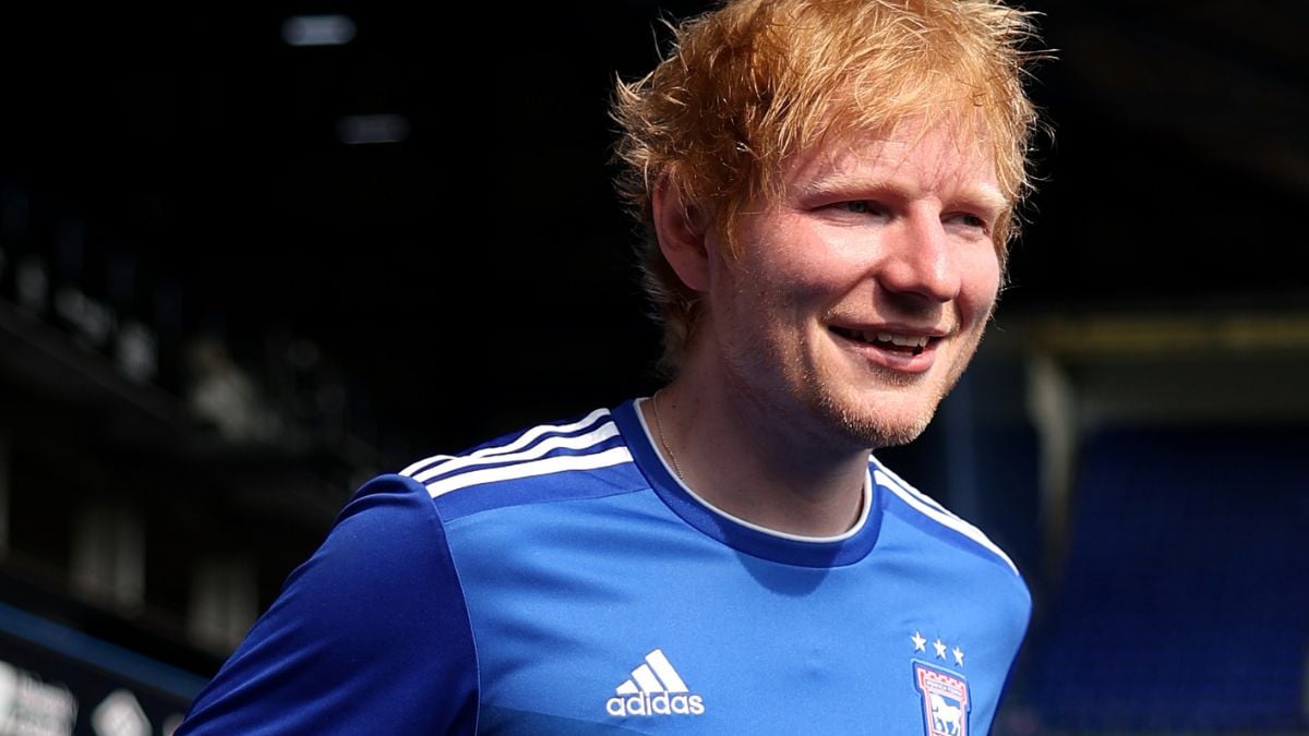 IPSWICH, ENGLAND - AUGUST 17: Ed Sheeran, English singer-songwriter and minority shareholder of Ipswich Town FC looks on prior to the Premier League match between Ipswich Town FC and Liverpool FC at Portman Road on August 17, 2024 in Ipswich, England.