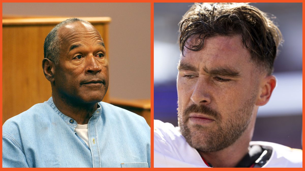 O.J. Simpson attends his parole hearing and Travis Kelce #87 of the Kansas City reacts during an NFL Football game