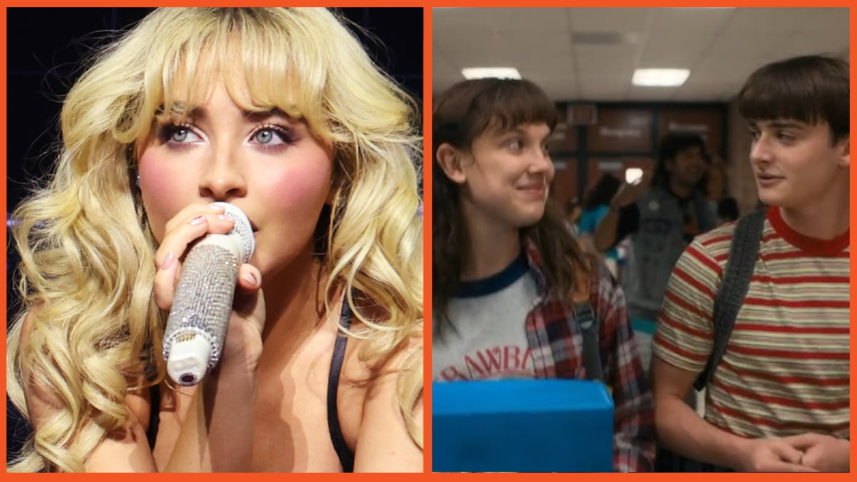 Sabrina Carpenter performs onstage during the Sabrina Carpenter Short n’ Sweet Tour at Barclays Center on September 30, 2024 in New York City / Eleven and Mike walking down a hallway in Stranger Things.