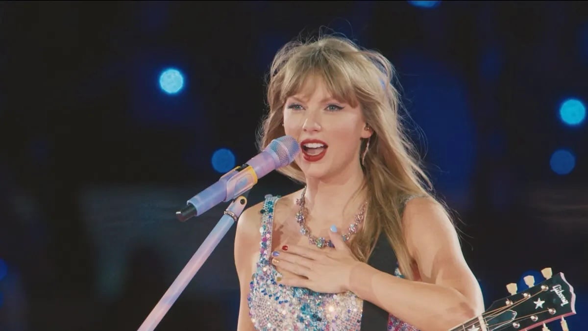 Taylor Swift performing "Lover" during The Eras Tour film on Disney Plus