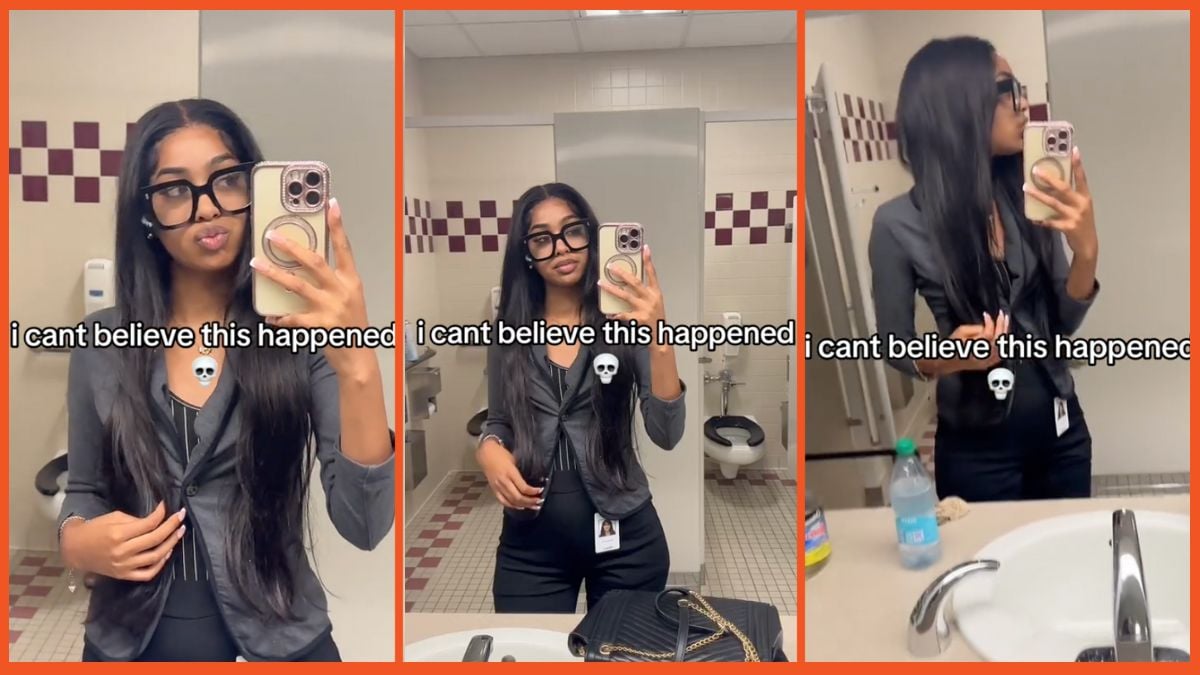 Screenshots of a woman talking a selfie in a bathroom mirror